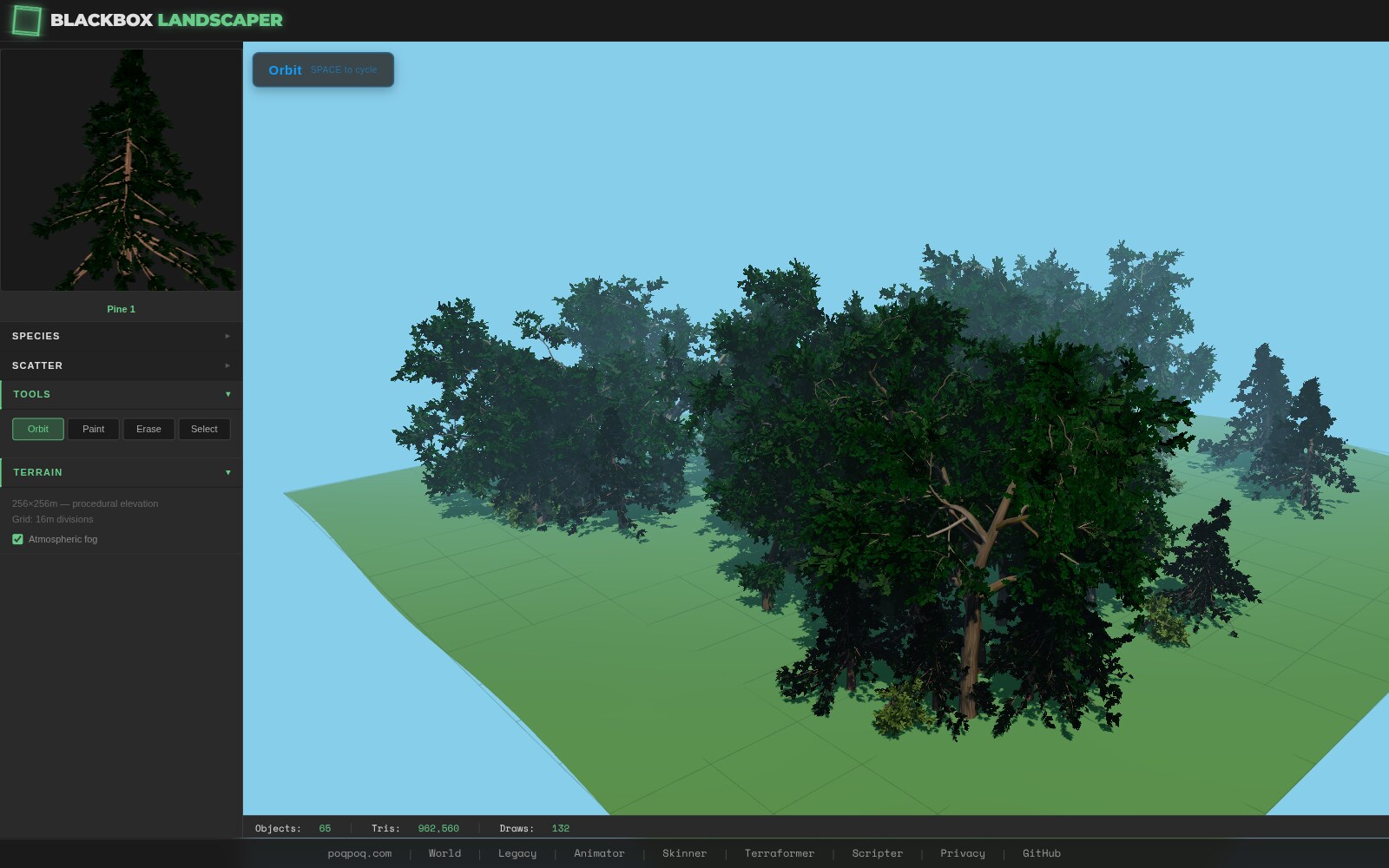 Landscaper interface with the TOOLS accordion section expanded in the left panel. Four mode buttons appear in a single row: Orbit (highlighted in green, currently active), Paint, Erase, Select. Below TOOLS, the TERRAIN section is also expanded showing '256×256m — procedural elevation', 'Grid: 16m divisions', and a checked 'Atmospheric fog' checkbox. The center canvas shows a mixed forest of oaks, pines, and plumeria scattered on the green test terrain. Stats bar reads Objects 65, Tris 962,560, Draws 132.