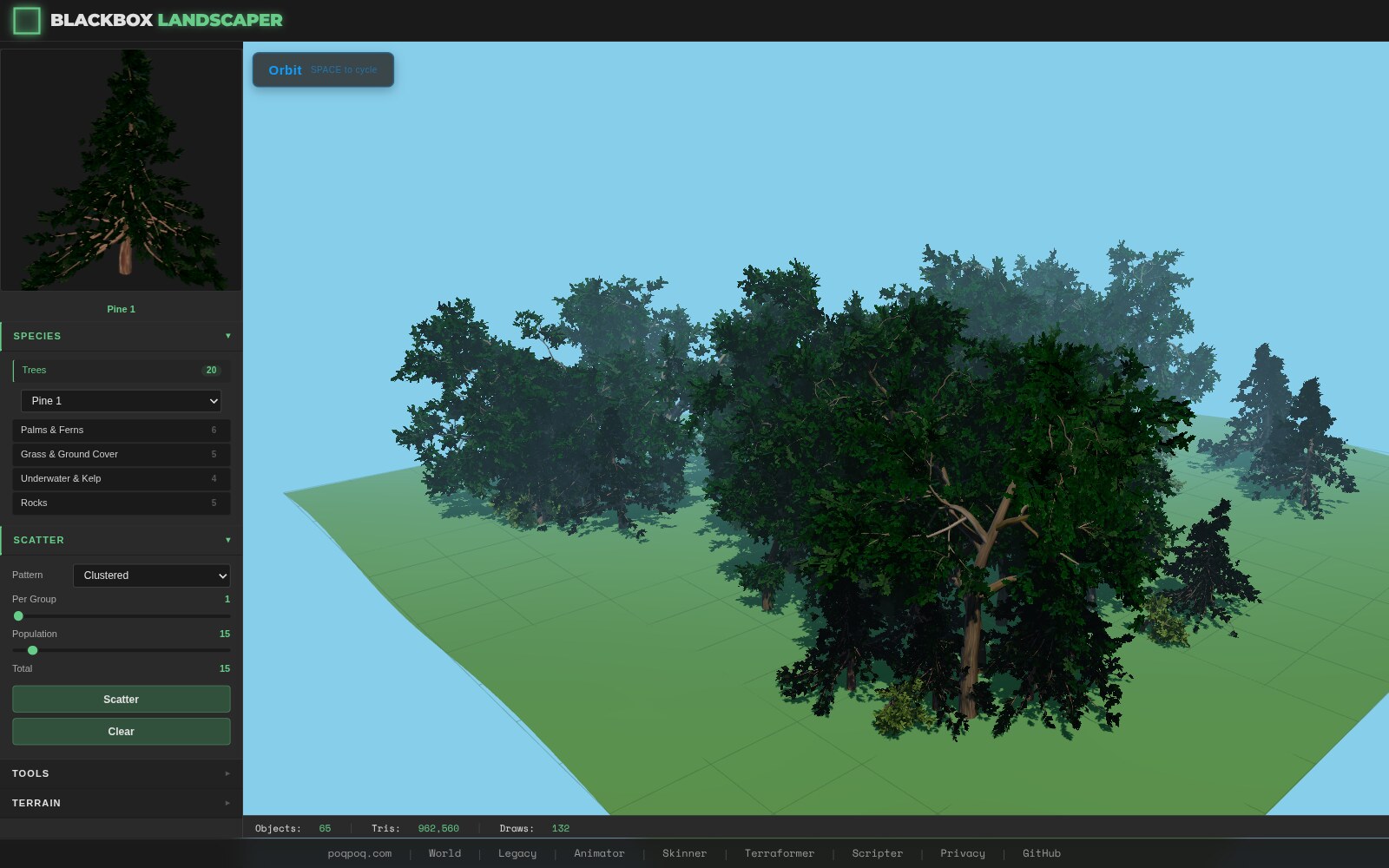 Landscaper standalone app at 1600 by 1000 pixels. Left side: dark accordion panel with a Pine 1 thumbnail preview, sections labeled SPECIES (open, showing Trees 20 row with Pine 1 selected, plus Palms and Ferns 6, Grass and Ground Cover 5, Underwater and Kelp 4, Rocks 5), SCATTER (open, Clustered pattern, Population 15), TOOLS and TERRAIN collapsed. Top: Orbit camera-mode hint. Center canvas: a procedurally generated 256-meter-square green terrain populated with a mixed forest of oaks, plumeria bushes, and pines from three successive scatters, totaling 65 instances. Bottom stats bar reads Objects 65, Tris 962,560, Draws 132. Footer of poqpoq tool links runs along the bottom edge.
