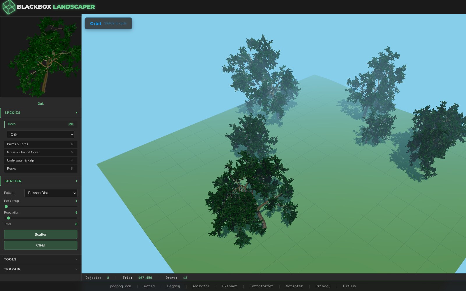 Eight oak trees scattered across the 256-meter terrain via Poisson disk. Trees are widely separated, each one individually visible, with significant open ground between them. One tree is in the foreground close to the camera; the others are distributed across the middle and far ground.