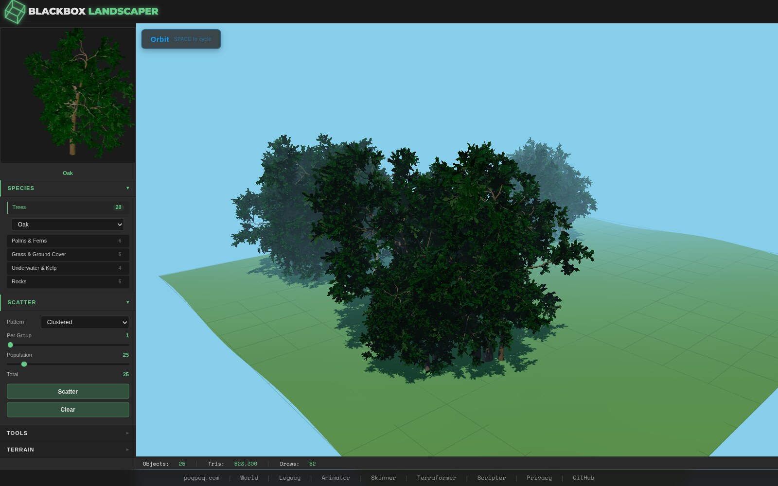 Twenty-five Oak instances in a tight central cluster on the green test terrain. Broad rounded canopies, dark green foliage, brown trunks. Atmospheric fog softens the back row.